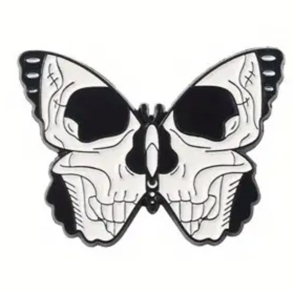 Skull Butterfly Moth Black White Enamel Pin Black Metal Skeleton